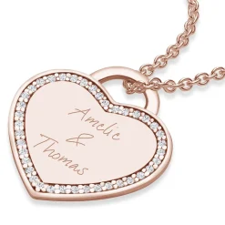 Schmuckladen AMOONIC Herzkette "Amour" Kette mit Herz-Gravurplatte & 39 Zirkonia St^ Herzketten|Herzketten Mit Gravur