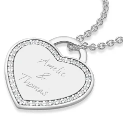 Schmuckladen AMOONIC Herzkette "Amour" Kette mit Herz-Gravurplatte & 39 Zirkonia St^ Herzketten|Herzketten Mit Gravur