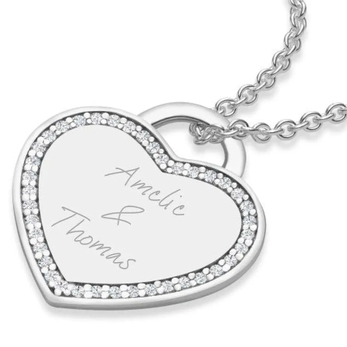 Schmuckladen AMOONIC Herzkette "Amour" Kette mit Herz-Gravurplatte & 39 Zirkonia St^ Herzketten|Herzketten Mit Gravur