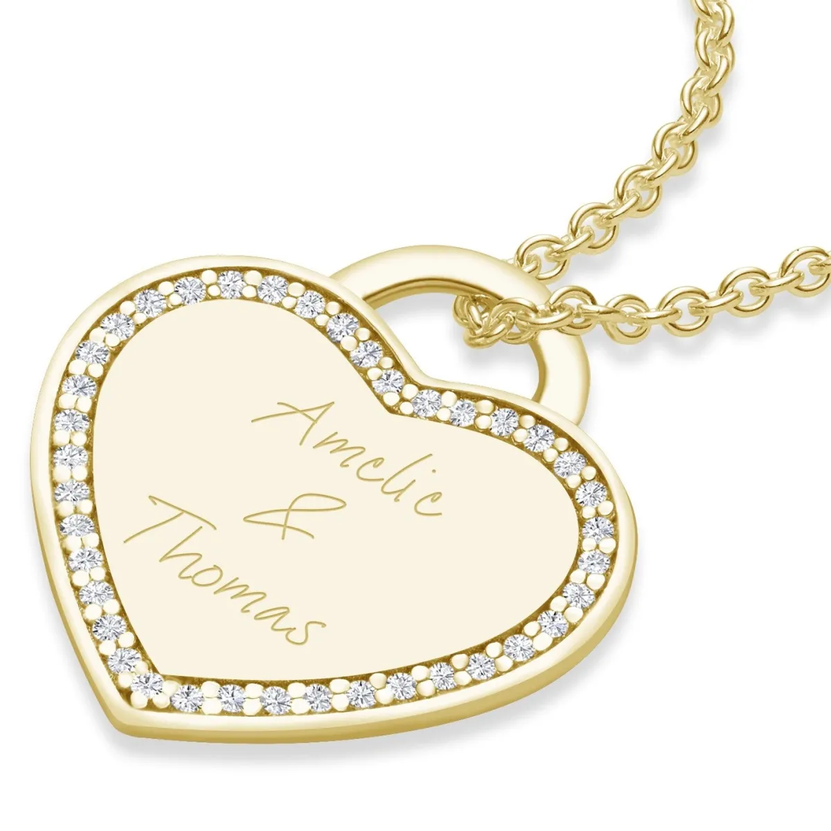 Schmuckladen AMOONIC Herzkette "Amour" Kette mit Herz-Gravurplatte & 39 Zirkonia St^ Herzketten|Herzketten Mit Gravur