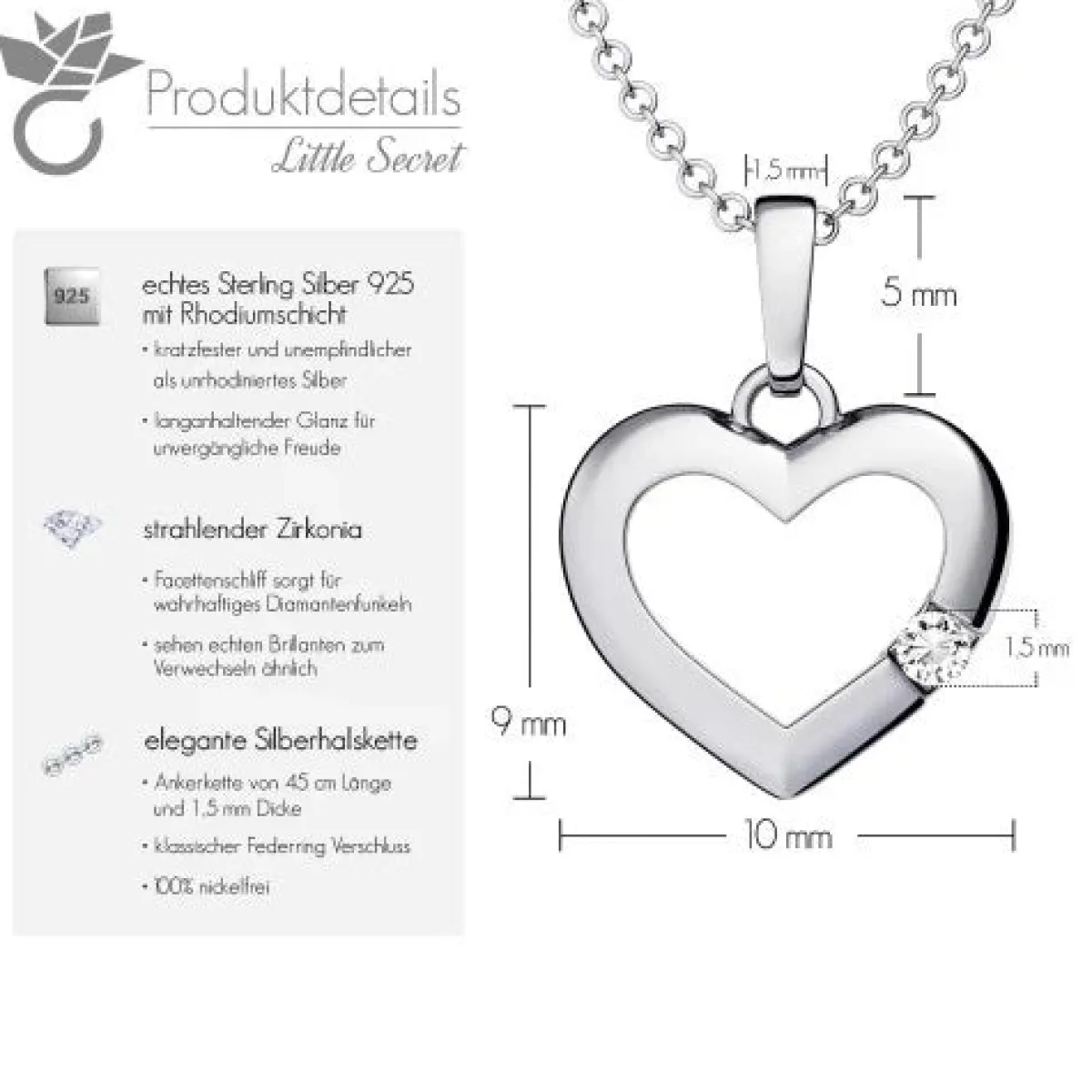 Schmuckladen AMOONIC Herzkette "Little Secret" Herzanhänger mit Herz-Zirkonia (indi^ Herzketten|Schmuck