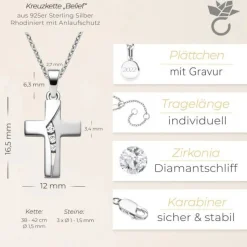 Schmuckladen AMOONIC Kreuz Kette "Belief" Kreuzanhänger mit 3 Zirkonia Steinen - Ki^ Konfirmation|Schmuck
