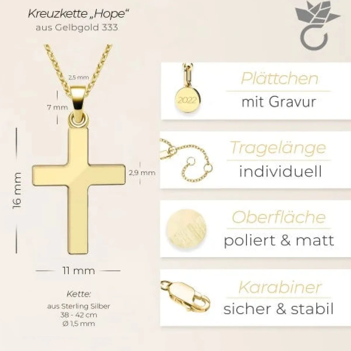 Schmuckladen AMOONIC Kreuz Kette "Hope" Kreuzanhänger in 333 Gelbgold - Kinder-Schm^ Konfirmation|Schmuck